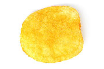 Single potato chip on white background close-up