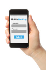 Hand holding smart phone with mobile banking login