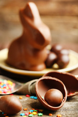 Chocolate Easter Eggs on wooden background