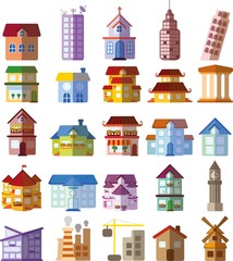 Набор различных иконок зданий и жилых домов в плоском стиле