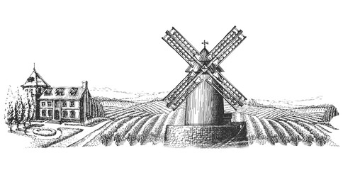windmill and the landscape on a white background. sketch
