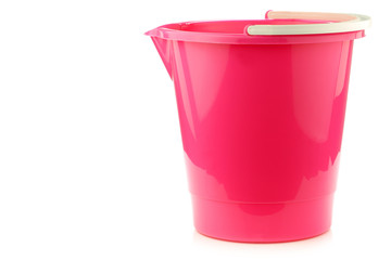 empty pink plastic household bucket on a white background