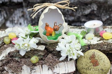 FRohe Ostern mit Osterei ,Schneeglöckchen und Teelicht