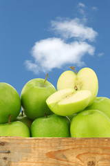 "Granny Smith" apples in a wooden crate against a blue sky with 