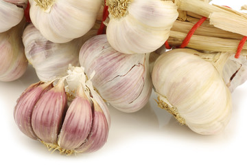 string of garlic bulbs and one in front on a white background