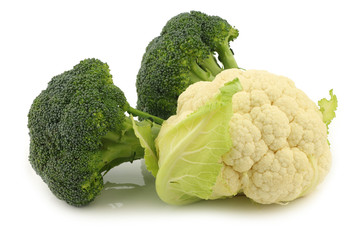 Fresh cauliflower and broccoli  on a white background