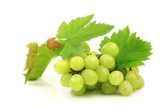 white grapes and some foliage on a white background