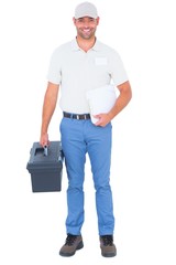 Confident male technician with toolbox and clipboard