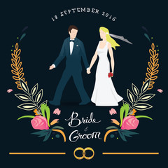 Wedding invitation, bride & groom, marriage, floral crown