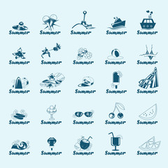 Summer Icons Set - Isolated On Blue Background
