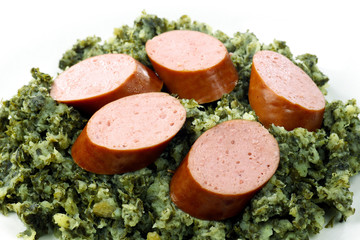 stew of potatoes and kale with smoked sausage