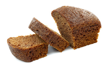 one cut chocolate cake on a white background