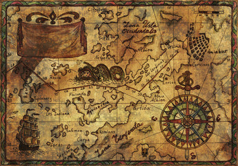 Hand drawn pirate map with old fabric texture