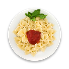 Pasta Farfalle on plate. Isolated on white background. Top view