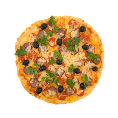 italian pizza with cherry isolated on white background, top view