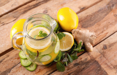 Water with lemon, mint, ginger and cucumber