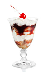 Tasty tiramisu dessert in glass, isolated on white