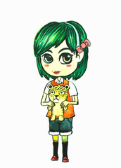 a girl with tiger doll painting on white background