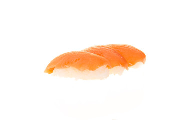 Nigiri sushi in hand with soya sauce on White Isolated background