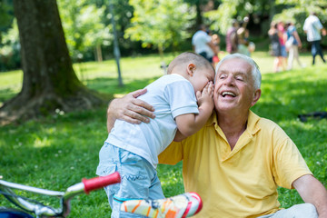 Fototapeta na wymiar grandfather and child have fun in park
