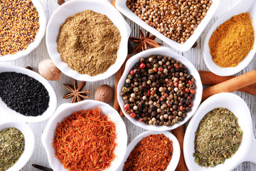 Different kinds of spices in ceramics spoons, close-up,