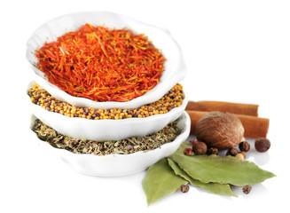 Different kinds of spices in ceramics bowls isolated on white
