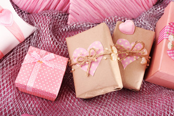 Handmade gifts on Valentine Day, on fabric background
