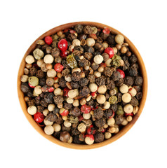 Pepper in wooden bowl, isolated on white