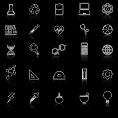Science line icons with reflect on black background