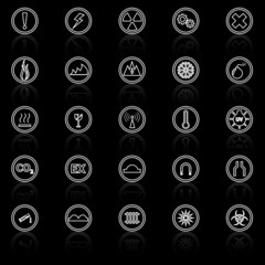 Warning sign line icons with reflect on black background