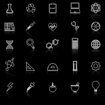 Science line icons with reflect on black background
