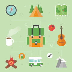 Camping concept, flat icons, vector illustration