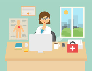 Vector illustration of a doctor sitting at the desk in in the ho