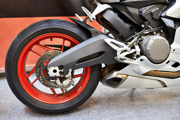 Rear wheel of modern sports road motorcycle