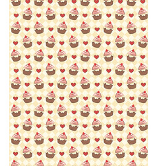 Seamless sweet pattern with cupcake and hearts on yellow backgro