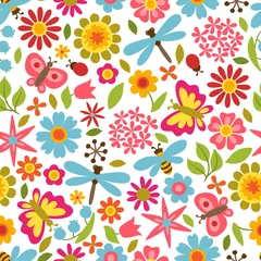 Deurstickers Natuurlijk patroon met prachtige bloemen, kevers en vlinders. © incomible