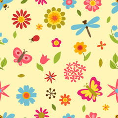 Natural pattern with beautiful flowers, beetles and butterflies.