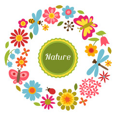 Natural card with beautiful flowers, beetles and butterflies.