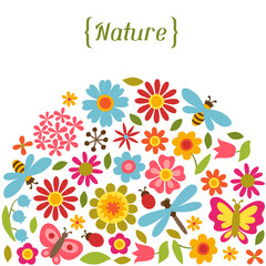 Natural card with beautiful flowers, beetles and butterflies.