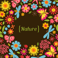 Natural card with beautiful flowers, beetles and butterflies.