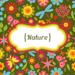 Natural card with beautiful flowers, beetles and butterflies.