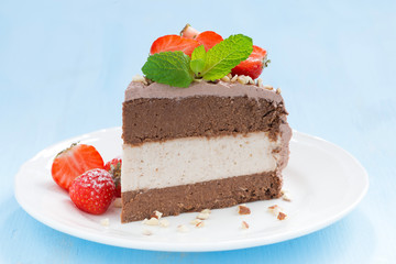 piece of chocolate cake of three layers