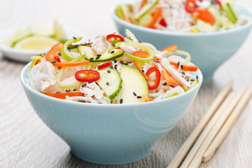 Thai salad with vegetables, rice noodles, chicken and sesame