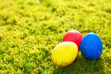 Fototapeta na wymiar Easter eggs lying on meadow