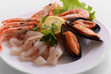 Tasty seafood on plate close-up