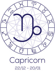 Zodiac sign - Capricorn. Astrological symbol in wheel.