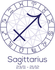 Zodiac sign - Sagittarius. Astrological symbol in wheel.