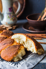 break large wicker fancy sweet bun with cinnamon and brown
