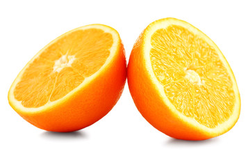 Juicy halves of orange isolated on white