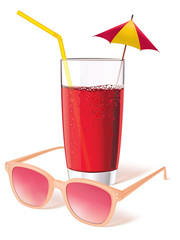 Glass with sunglasses, juice and decorated with a miniature umbr
